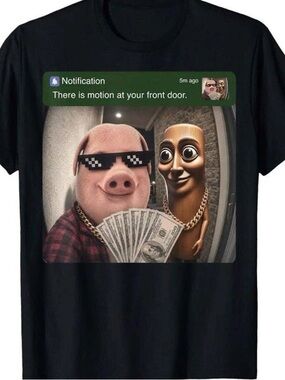 Black Graphic Tee with Pig and Candy Doorbell Selfie